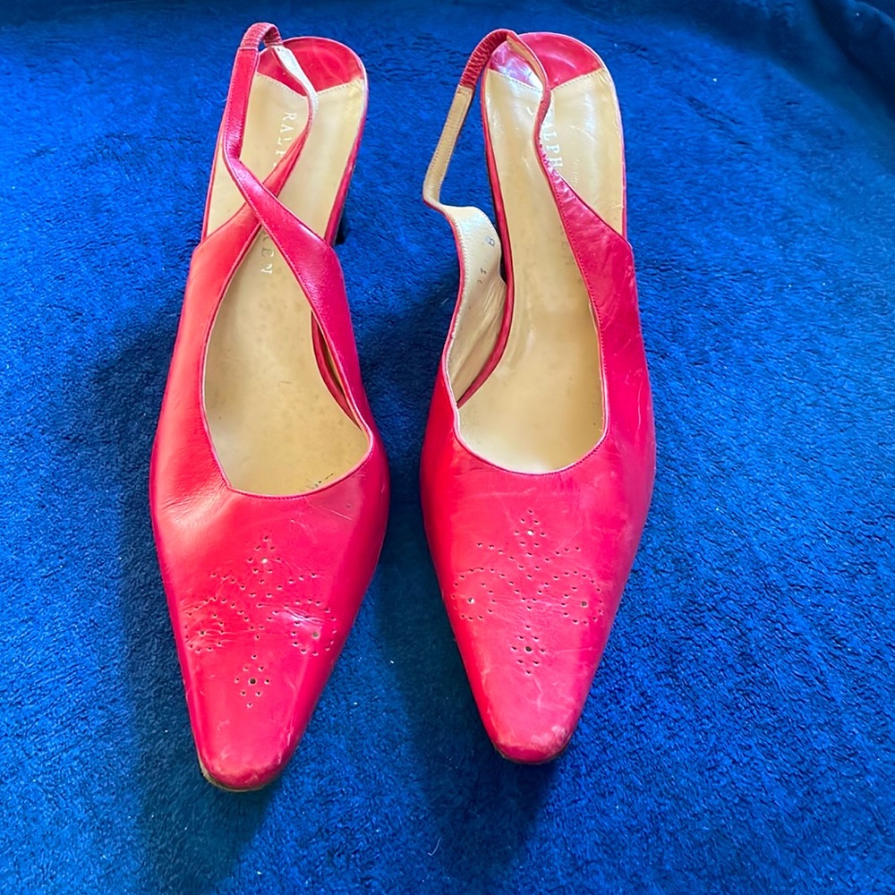 Ralph Lauren Red leather two inch sling back pumps - one heel cap missing!